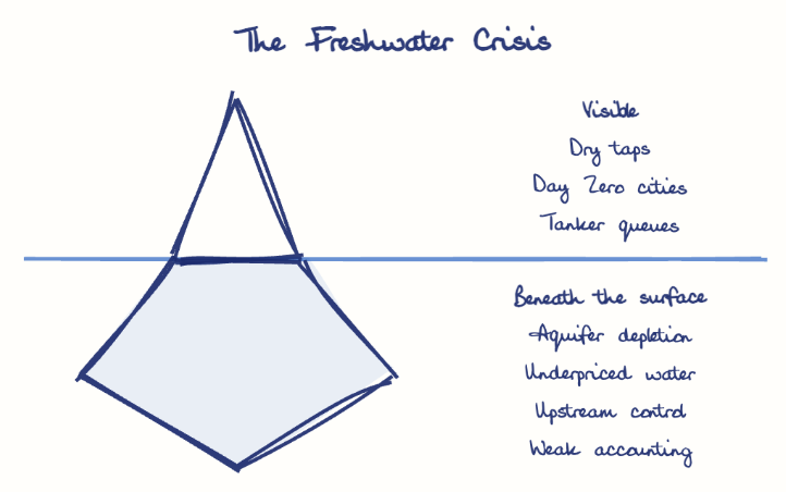 Hand-drawn diagram: The Freshwater Crisis. The Freshwater Crisis. Diagram (iceberg): The Freshwater Crisis; Dry taps; Day Zero cities; Tanker queues; Aquifer depletion; Underpriced water; Upstream control; Weak accounting