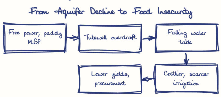 Hand-drawn diagram: From Aquifer Decline to Food Insecurity. From Aquifer Decline to Food Insecurity. Flow: Free power, paddy MSP → Tubewell overdraft → Falling water table → Costlier, scarcer irrigation → Lower yields, procurement