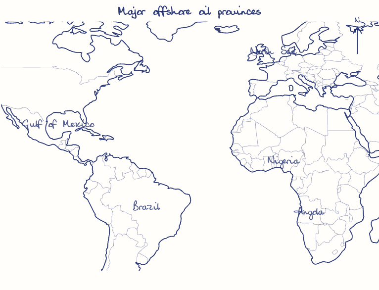 Hand-drawn map: Major offshore oil provinces. Marked: .
