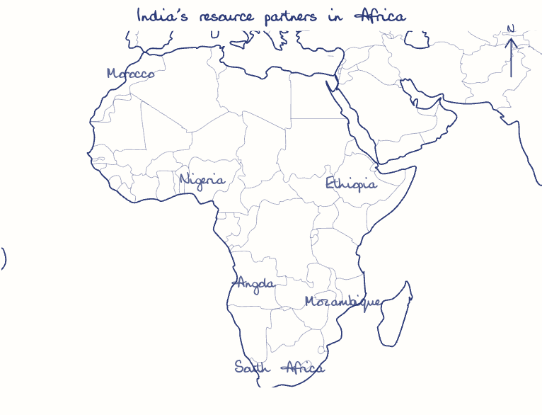 Hand-drawn map: India's resource partners in Africa. Marked: .