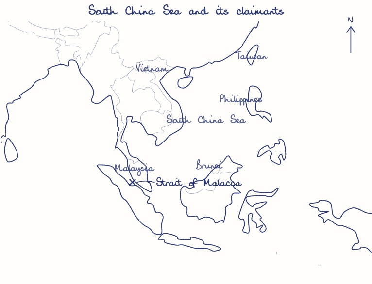 Hand-drawn map: South China Sea and its claimants. Marked: Strait of Malacca.