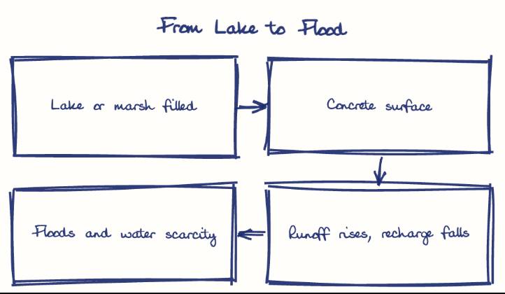 Hand-drawn diagram: From Lake to Flood. From Lake to Flood. Flow: Lake or marsh filled → Concrete surface → Runoff rises, recharge falls → Floods and water scarcity