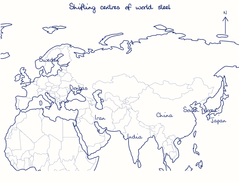 Hand-drawn map: Shifting centres of world steel. Marked: .