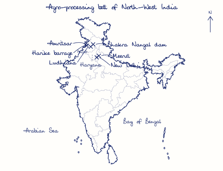 Hand-drawn map: Agro-processing belt of North-West India. Marked: Amritsar, Ludhiana, Meerut, Bhakra Nangal dam, Harike barrage, New Delhi.