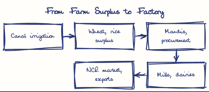 Hand-drawn diagram: From Farm Surplus to Factory. From Farm Surplus to Factory. Flow: Canal irrigation → Wheat, rice surplus → Mandis, procurement → Mills, dairies → NCR market, exports