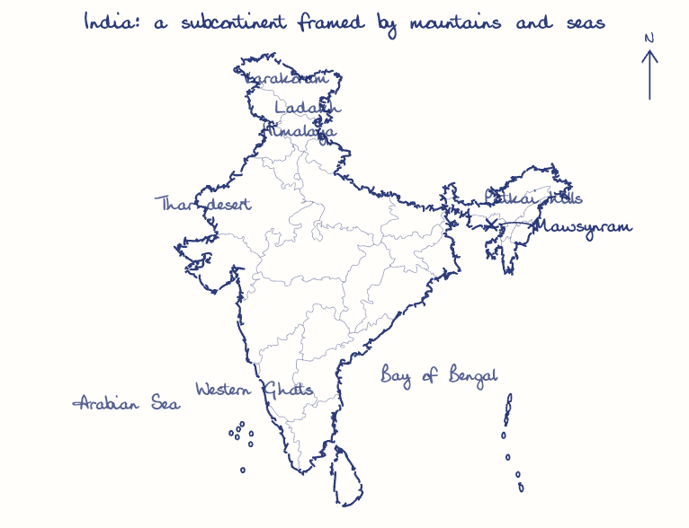 Hand-drawn map: India: a subcontinent framed by mountains and seas. Marked: Mawsynram.