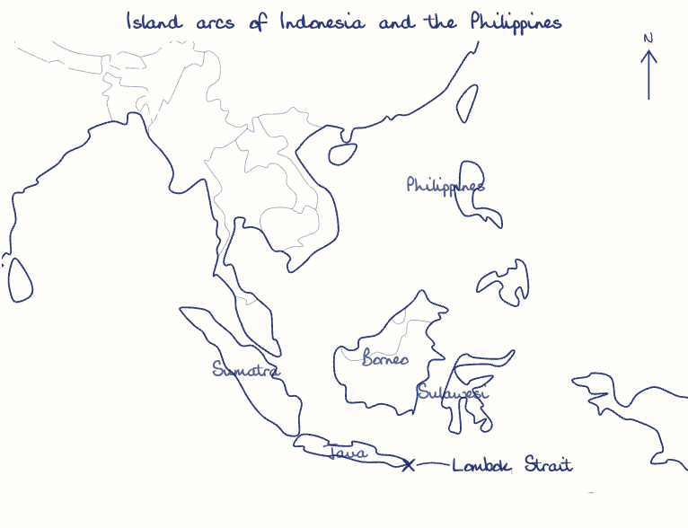 Hand-drawn map: Island arcs of Indonesia and the Philippines. Marked: Lombok Strait.