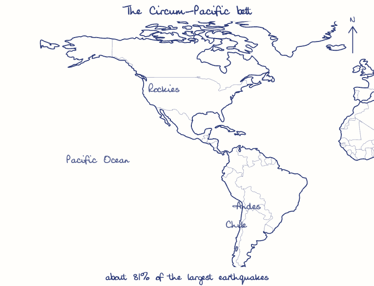 Hand-drawn map: The Circum-Pacific belt. Marked: .