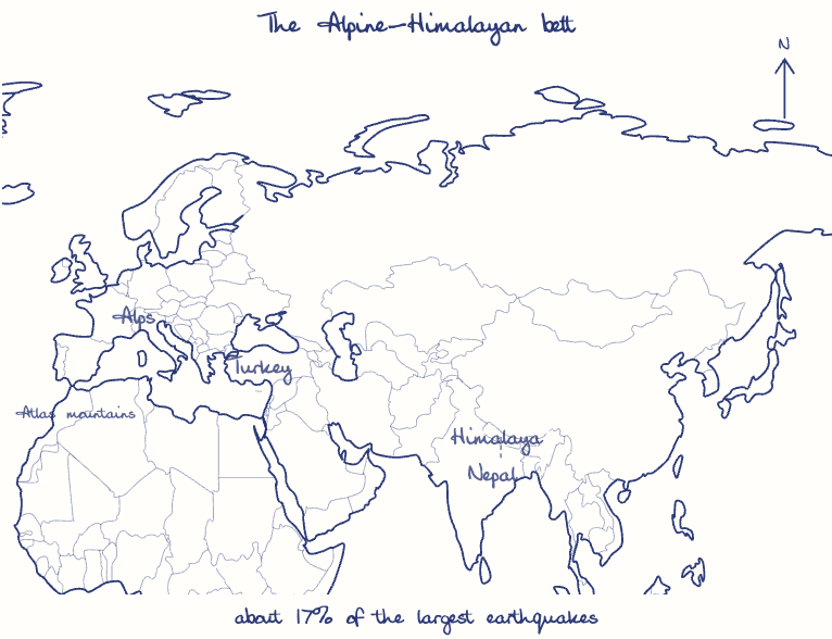 Hand-drawn map: The Alpine-Himalayan belt. Marked: .