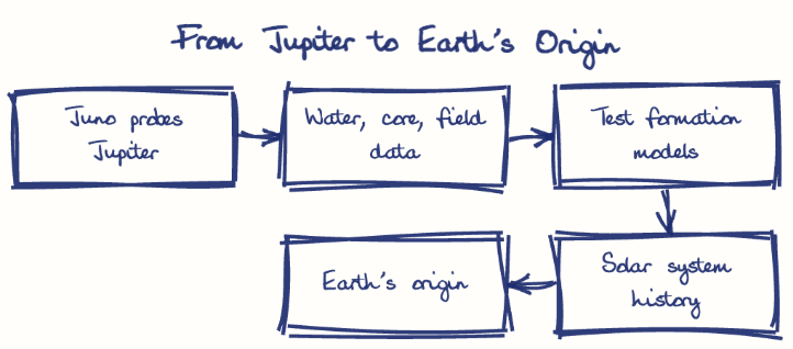 Hand-drawn diagram: From Jupiter to Earth's Origin. From Jupiter to Earth's Origin. Flow: Juno probes Jupiter → Water, core, field data → Test formation models → Solar system history → Earth's origin