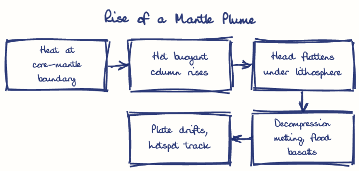 Hand-drawn diagram: Rise of a Mantle Plume. Rise of a Mantle Plume. Flow: Heat at core-mantle boundary → Hot buoyant column rises → Head flattens under lithosphere → Decompression melting, flood basalts → Plate drifts, hotspot track