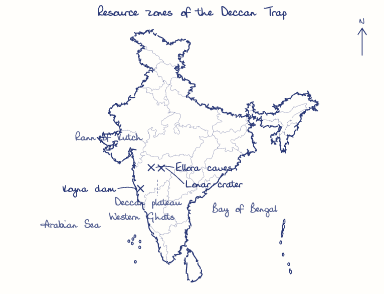 Hand-drawn map: Resource zones of the Deccan Trap. Marked: Koyna dam, Ellora caves, Lonar crater.