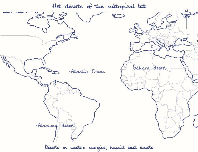 Hand-drawn map: Hot deserts of the subtropical belt. Marked: .