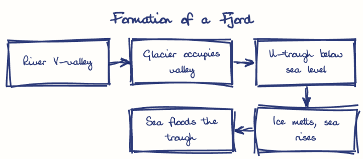 Hand-drawn diagram: Formation of a Fjord. Formation of a Fjord. Flow: River V-valley → Glacier occupies valley → U-trough below sea level → Ice melts, sea rises → Sea floods the trough