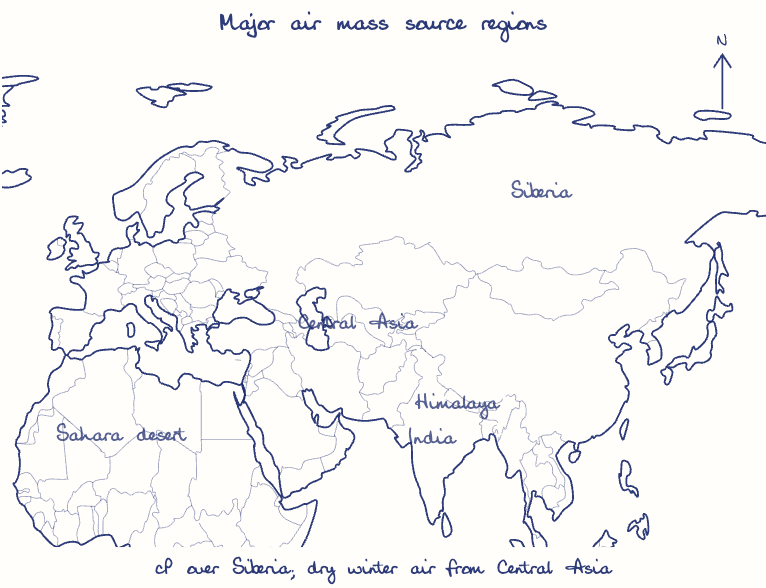 Hand-drawn map: Major air mass source regions. Marked: .