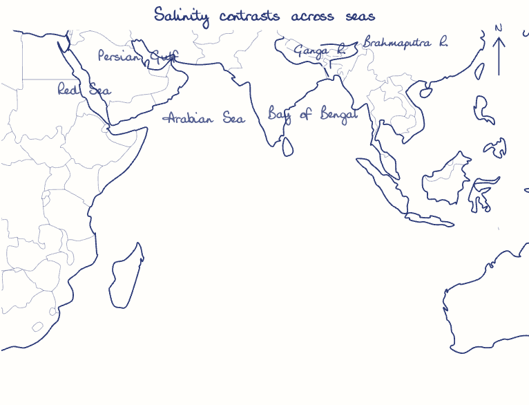 Hand-drawn map: Salinity contrasts across seas. Marked: . Rivers: Ganga, Brahmaputra.