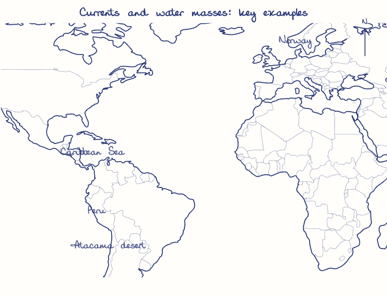 Hand-drawn map: Currents and water masses: key examples. Marked: .
