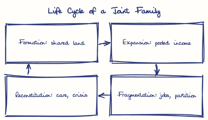 Hand-drawn diagram: Life Cycle of a Joint Family. Life Cycle of a Joint Family. Flow: Formation: shared land → Expansion: pooled income → Fragmentation: jobs, partition → Reconstitution: care, crisis → (back to start)