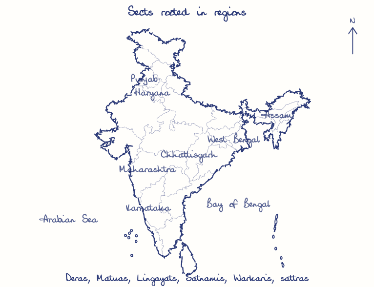 Hand-drawn map: Sects rooted in regions. Marked: .
