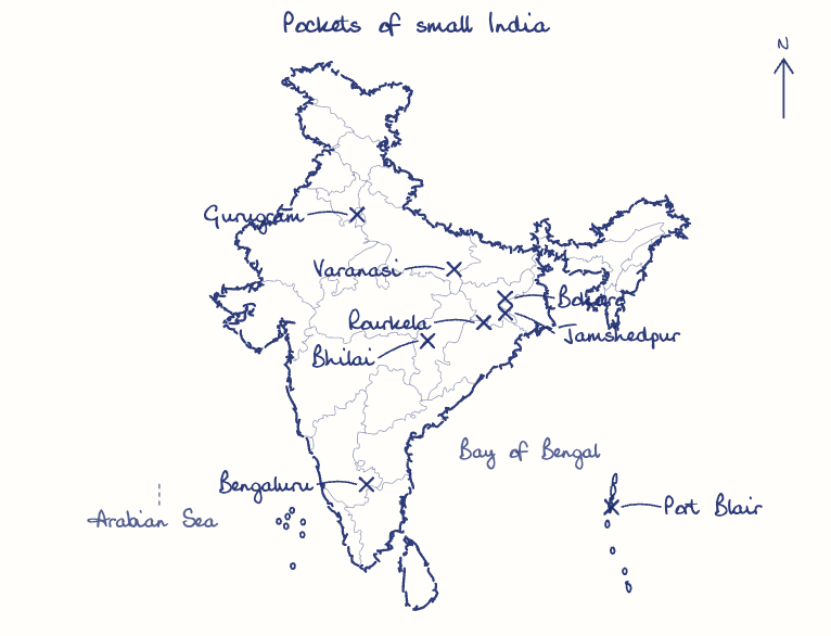 Hand-drawn map: Pockets of small India. Marked: Bhilai, Jamshedpur, Bokaro, Rourkela, Port Blair, Bengaluru, Gurugram, Varanasi.