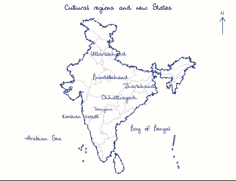 Hand-drawn map: Cultural regions and new States. Marked: .