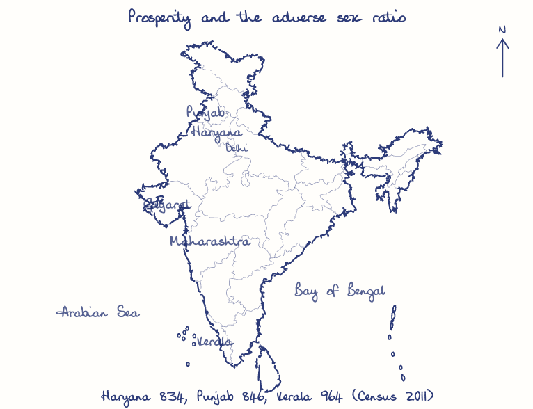 Hand-drawn map: Prosperity and the adverse sex ratio. Marked: .