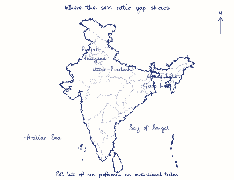 Hand-drawn map: Where the sex ratio gap shows. Marked: .