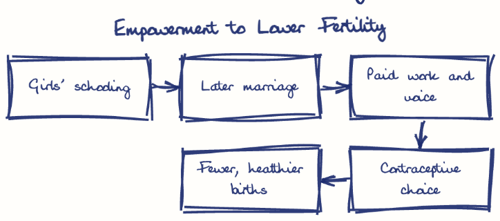 Hand-drawn diagram: Empowerment to Lower Fertility. Empowerment to Lower Fertility. Flow: Girls' schooling → Later marriage → Paid work and voice → Contraceptive choice → Fewer, healthier births