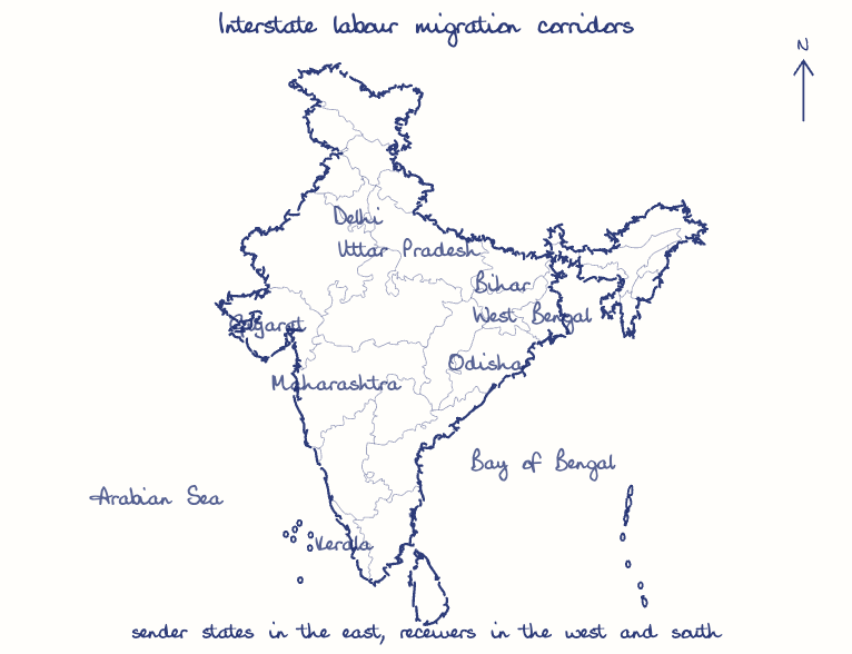 Hand-drawn map: Interstate labour migration corridors. Marked: .