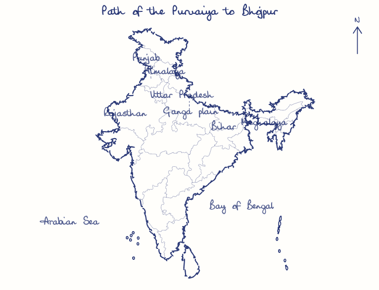 Hand-drawn map: Path of the Purvaiya to Bhojpur. Marked: .
