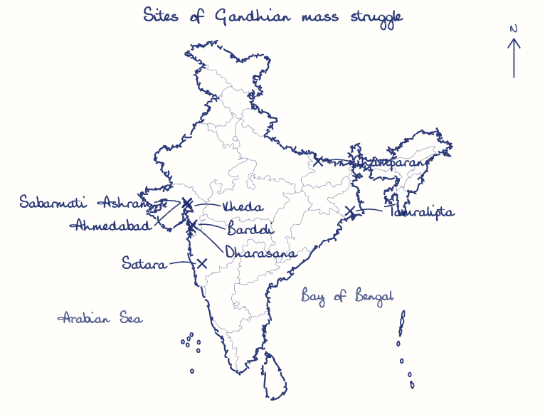 Hand-drawn map: Sites of Gandhian mass struggle. Marked: Champaran, Kheda, Ahmedabad, Bardoli, Sabarmati Ashram, Dharasana, Satara, Tamralipta.