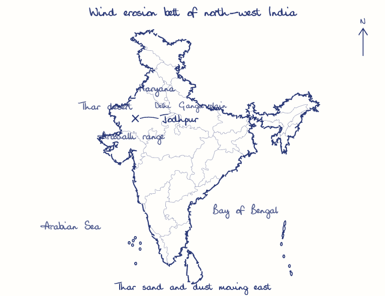 Hand-drawn map: Wind erosion belt of north-west India. Marked: Jodhpur.