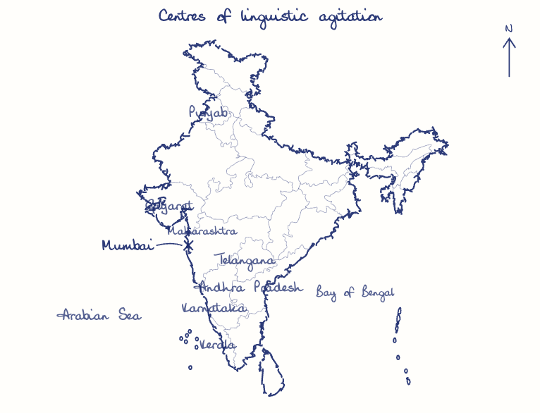 Hand-drawn map: Centres of linguistic agitation. Marked: Mumbai.