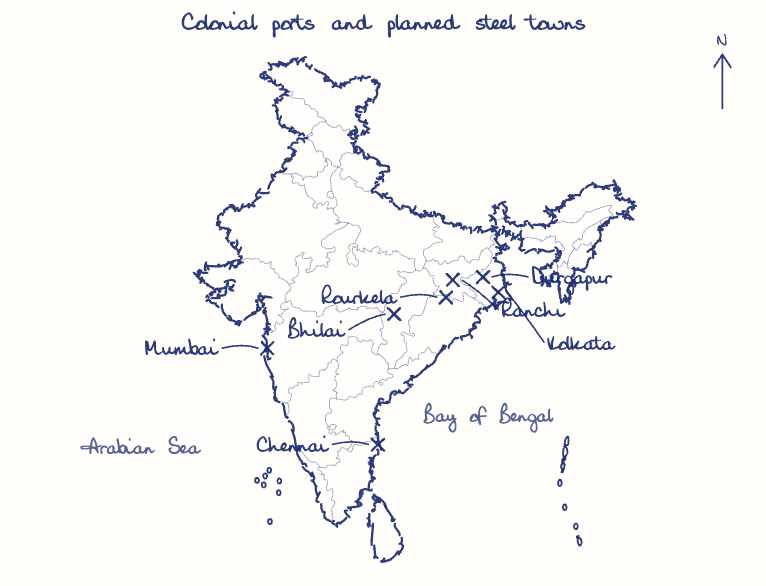 Hand-drawn map: Colonial ports and planned steel towns. Marked: Mumbai, Kolkata, Chennai, Bhilai, Rourkela, Durgapur, Ranchi.