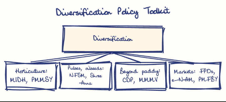 Hand-drawn diagram: Diversification Policy Toolkit. Diversification Policy Toolkit. Diagram (tree): Diversification Policy Toolkit; Diversification; Horticulture: MIDH, PMMSY; Pulses, oilseeds: NFSM, Shree Anna; Beyond paddy: CDP, MMMV; Markets: FPOs, e-NAM, PMFBY