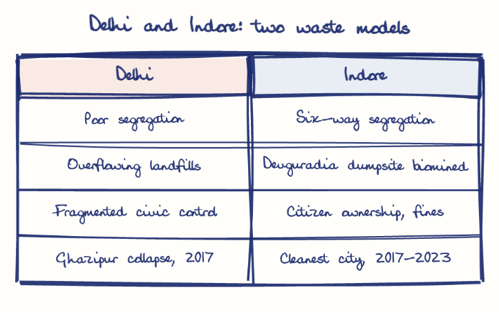 Hand-drawn diagram: Delhi and Indore: two waste models. Delhi and Indore: two waste models. Comparison of Delhi and Indore