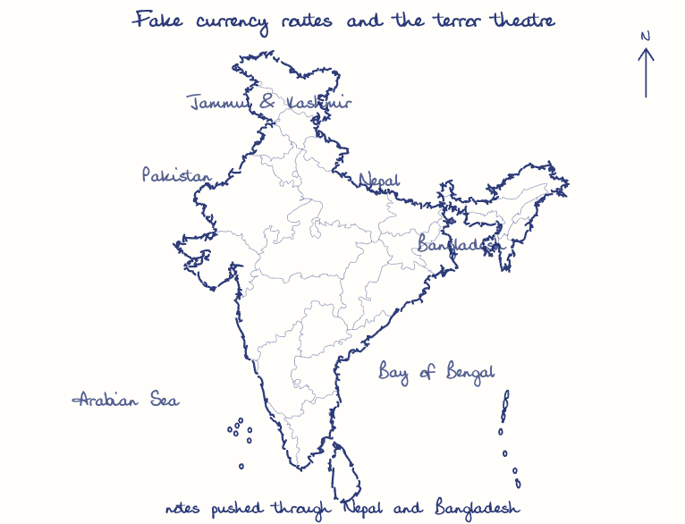 Hand-drawn map: Fake currency routes and the terror theatre. Marked: .