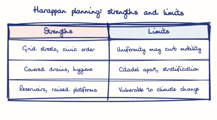 Hand-drawn diagram: Harappan planning: strengths and limits. Harappan planning: strengths and limits. Comparison of Strengths and Limits