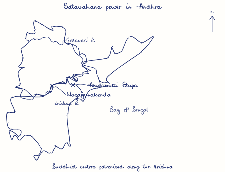 Hand-drawn map: Satavahana power in Andhra. Marked: Amaravati Stupa, Nagarjunakonda. Rivers: Godavari, Krishna.