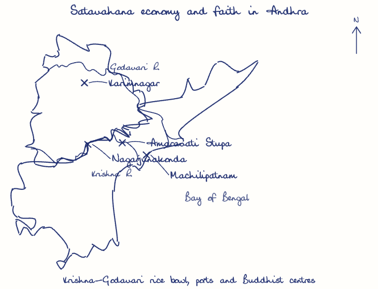 Hand-drawn map: Satavahana economy and faith in Andhra. Marked: Amaravati Stupa, Nagarjunakonda, Machilipatnam, Karimnagar. Rivers: Godavari, Krishna.