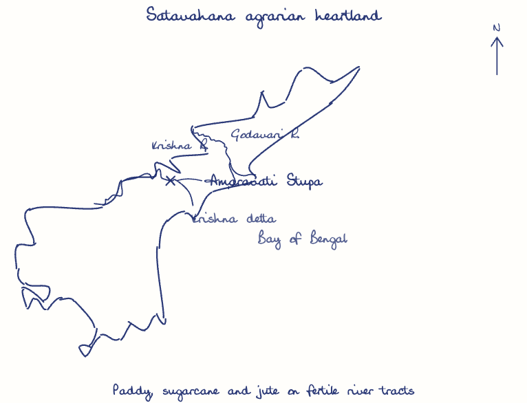 Hand-drawn map: Satavahana agrarian heartland. Marked: Amaravati Stupa. Rivers: Krishna, Godavari.
