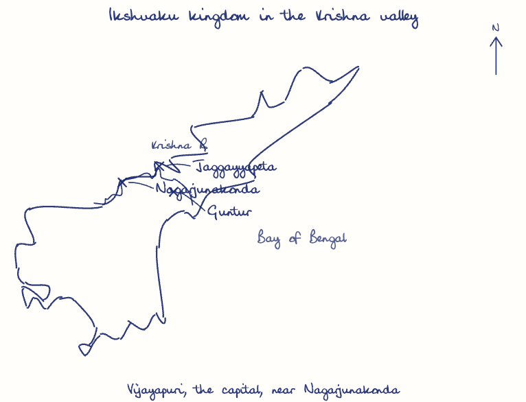 Hand-drawn map: Ikshvaku kingdom in the Krishna valley. Marked: Nagarjunakonda, Guntur, Jaggayyapeta. Rivers: Krishna.
