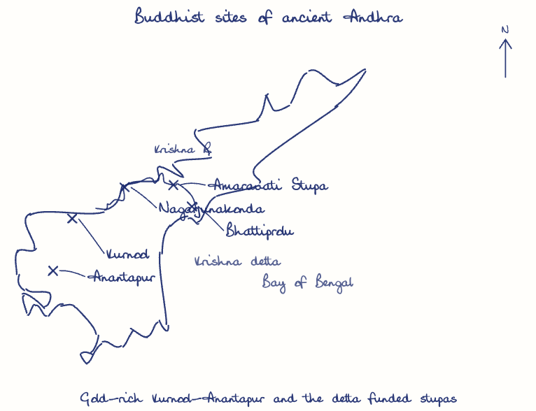 Hand-drawn map: Buddhist sites of ancient Andhra. Marked: Amaravati Stupa, Nagarjunakonda, Bhattiprolu, Kurnool, Anantapur. Rivers: Krishna.