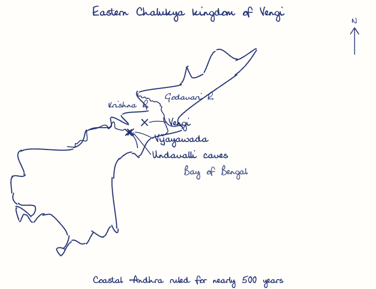 Hand-drawn map: Eastern Chalukya kingdom of Vengi. Marked: Vengi, Vijayawada, Undavalli caves. Rivers: Godavari, Krishna.