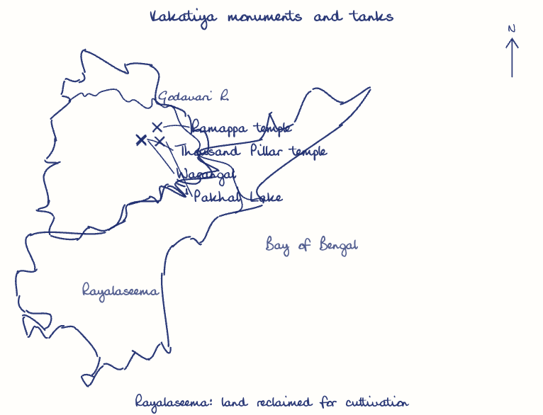 Hand-drawn map: Kakatiya monuments and tanks. Marked: Warangal, Ramappa temple, Thousand Pillar temple, Pakhal Lake. Rivers: Godavari.