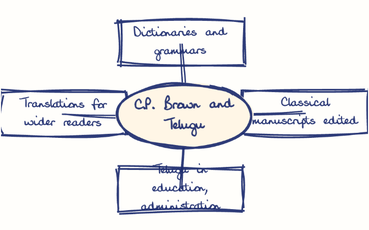 Hand-drawn diagram: C.P. Brown and Telugu. Mind map. C.P. Brown and Telugu: Dictionaries and grammars; Classical manuscripts edited; Telugu in education, administration; Translations for wider readers