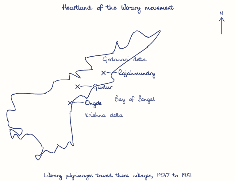 Hand-drawn map: Heartland of the library movement. Marked: Rajahmundry, Guntur, Ongole.