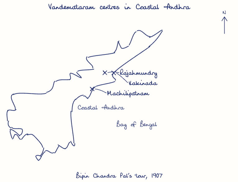 Hand-drawn map: Vandemataram centres in Coastal Andhra. Marked: Rajahmundry, Machilipatnam, Kakinada.