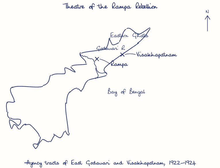 Hand-drawn map: Theatre of the Rampa Rebellion. Marked: Rampa, Visakhapatnam. Rivers: Godavari.
