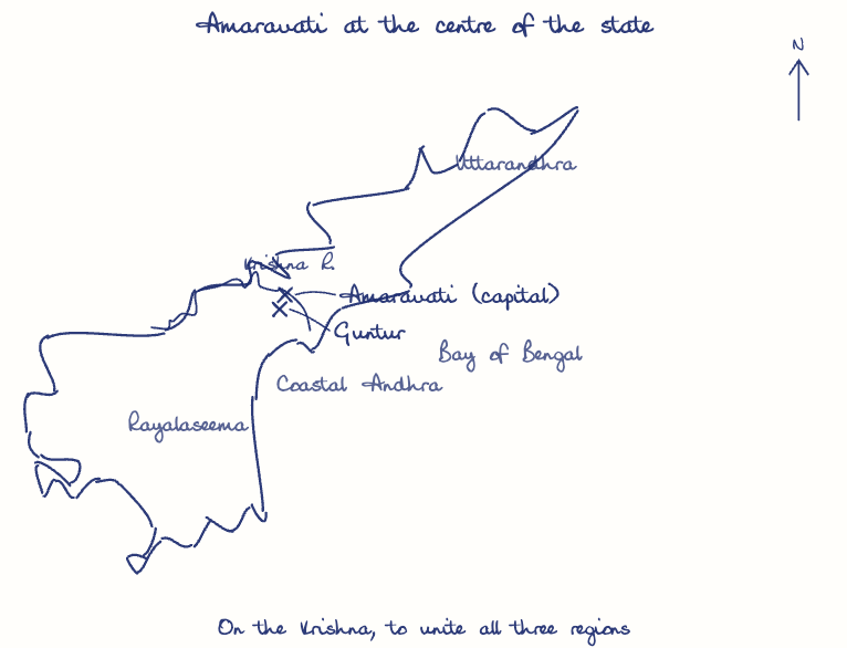 Hand-drawn map: Amaravati at the centre of the state. Marked: Amaravati (capital), Guntur. Rivers: Krishna.